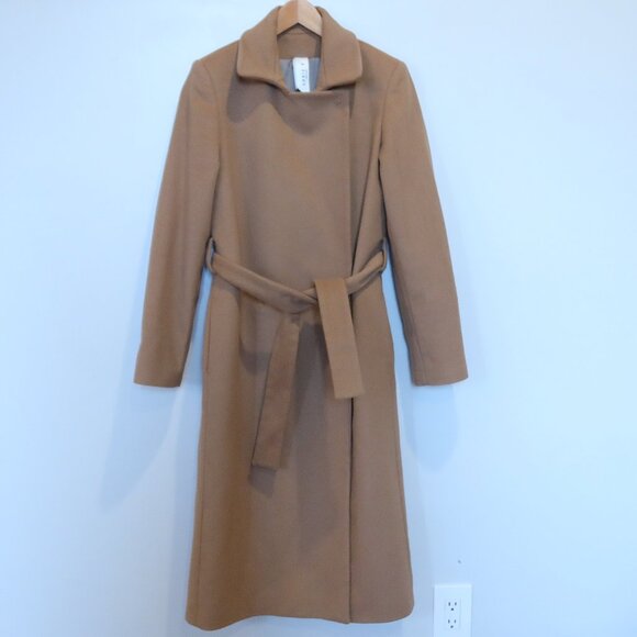 ANNIE P wool cashmere peacoat long beige winter warm belt classic chic XS office - Picture 3 of 11